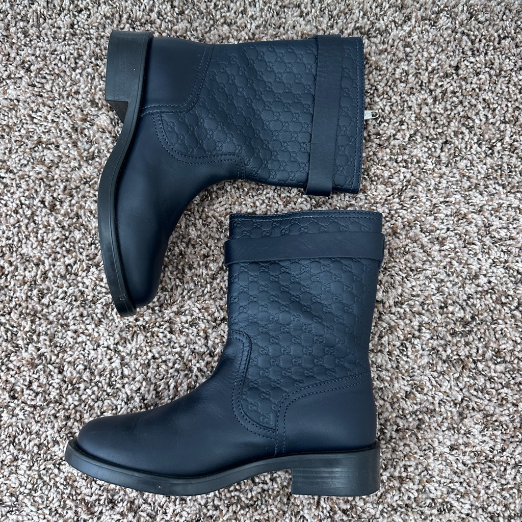 Brand New Kids Gucci Monogram Embossed Ankle Boots Navy Size 33 European Us 1
